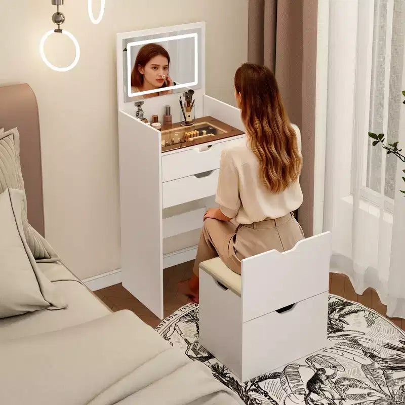 JVNOXK 3-in-1 Multifunctional Dressing Table and Stool Set , Flip-Up HD Mirror & Hidden Storage