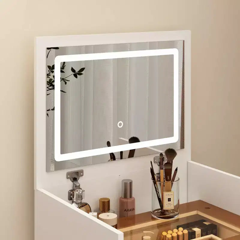 JVNOXK 3-in-1 Multifunctional Dressing Table and Stool Set , Flip-Up HD Mirror & Hidden Storage