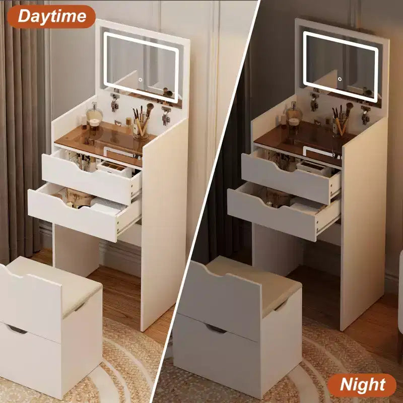 JVNOXK 3-in-1 Multifunctional Dressing Table and Stool Set , Flip-Up HD Mirror & Hidden Storage