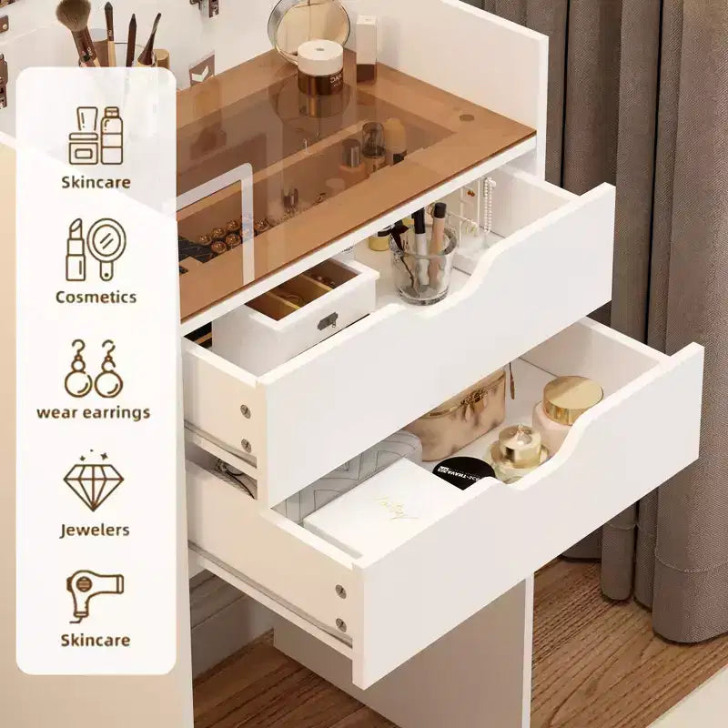 JVNOXK 3-in-1 Multifunctional Dressing Table and Stool Set , Flip-Up HD Mirror & Hidden Storage