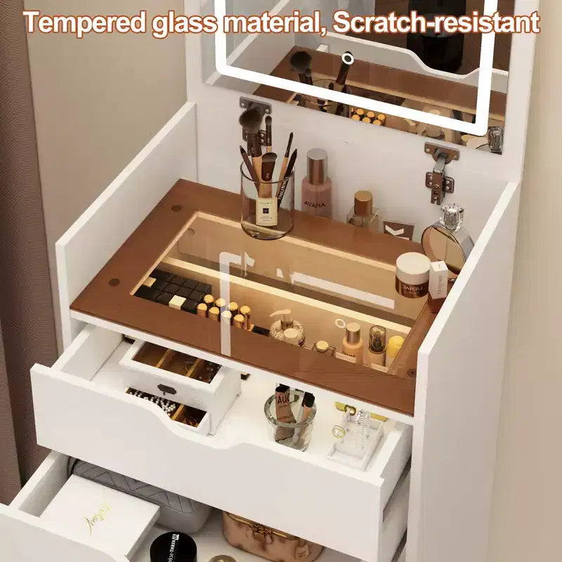 JVNOXK 3-in-1 Multifunctional Dressing Table and Stool Set , Flip-Up HD Mirror & Hidden Storage