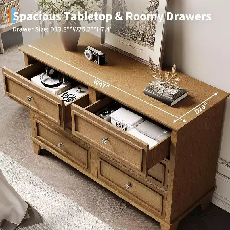 6 Drawer Dresser for Bedroom,Large Wooden Storage Chest of Drawers with Metal Handles,47 Wide Dresser TV Stand, Drawer Organizer for Living Room
