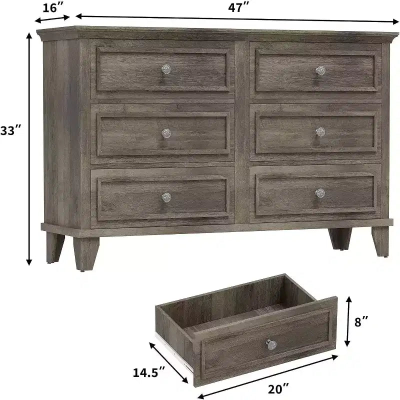 6 Drawer Dresser for Bedroom,Large Wooden Storage Chest of Drawers with Metal Handles,47 Wide Dresser TV Stand, Drawer Organizer for Living Room