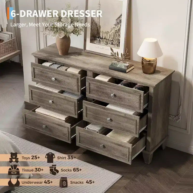 6 Drawer Dresser for Bedroom,Large Wooden Storage Chest of Drawers with Metal Handles,47 Wide Dresser TV Stand, Drawer Organizer for Living Room