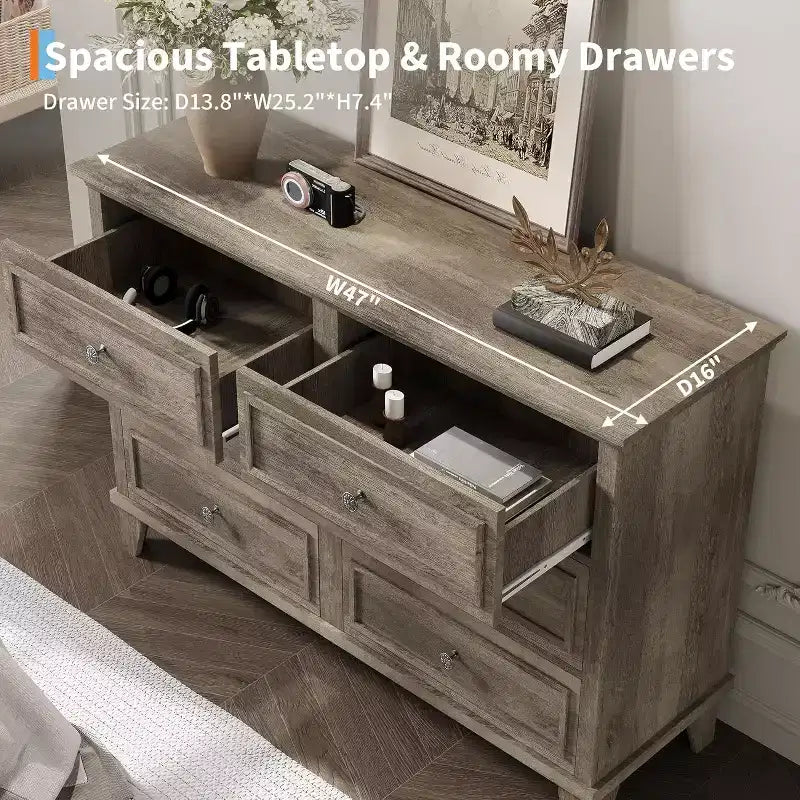 6 Drawer Dresser for Bedroom,Large Wooden Storage Chest of Drawers with Metal Handles,47 Wide Dresser TV Stand, Drawer Organizer for Living Room