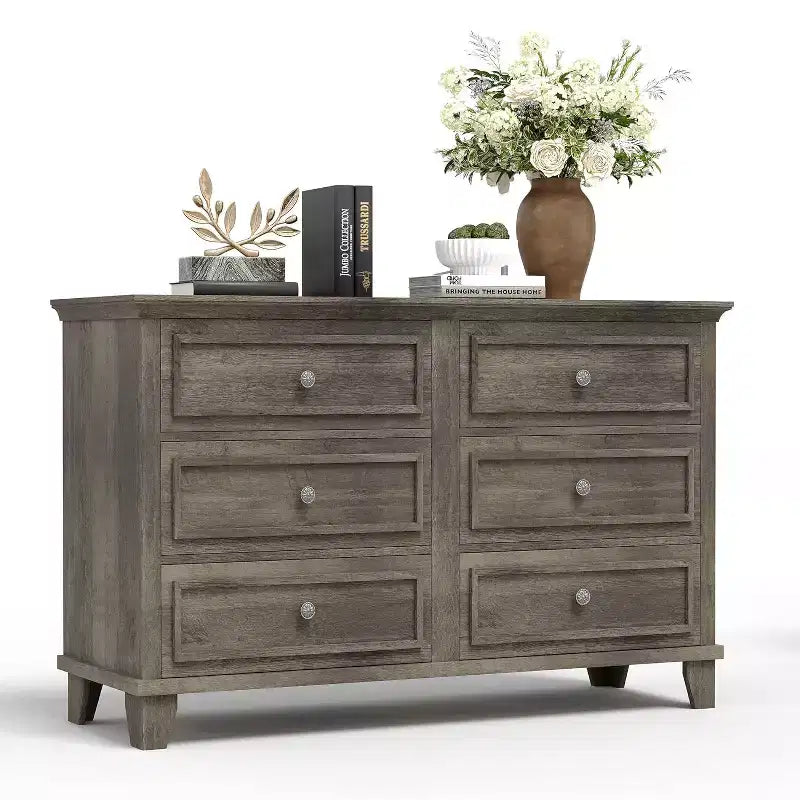 6 Drawer Dresser for Bedroom,Large Wooden Storage Chest of Drawers with Metal Handles,47 Wide Dresser TV Stand, Drawer Organizer for Living Room