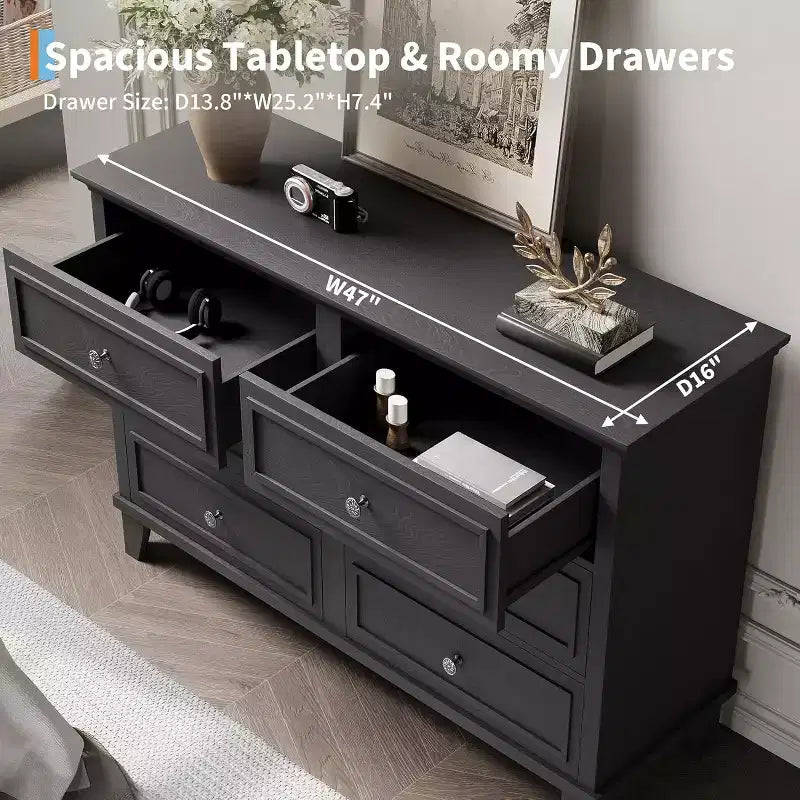 6 Drawer Dresser for Bedroom,Large Wooden Storage Chest of Drawers with Metal Handles,47 Wide Dresser TV Stand, Drawer Organizer for Living Room