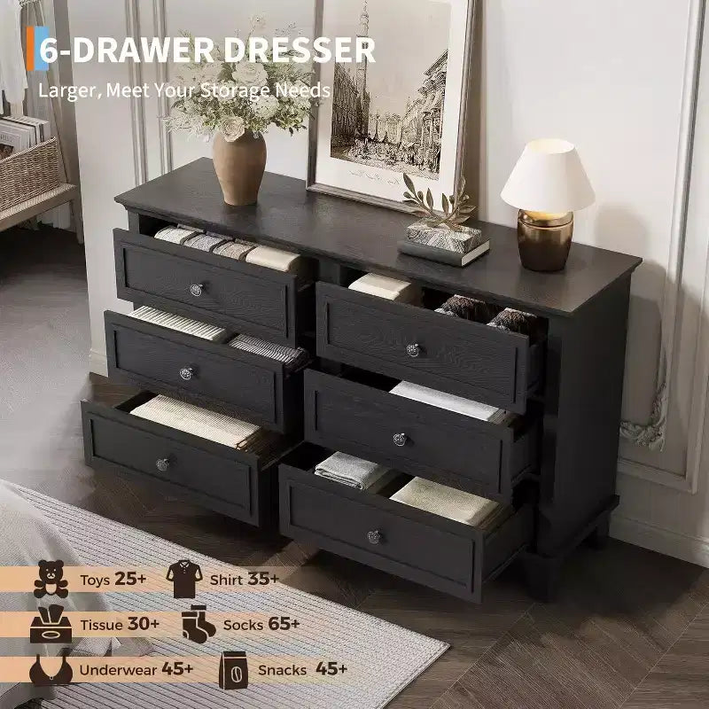 6 Drawer Dresser for Bedroom,Large Wooden Storage Chest of Drawers with Metal Handles,47 Wide Dresser TV Stand, Drawer Organizer for Living Room
