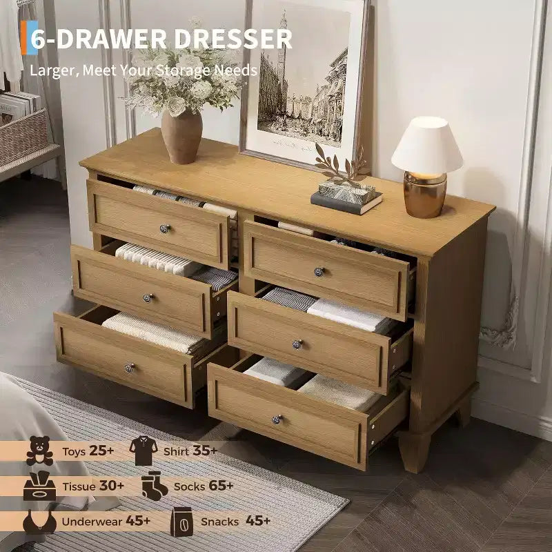 6 Drawer Dresser for Bedroom,Large Wooden Storage Chest of Drawers with Metal Handles,47 Wide Dresser TV Stand, Drawer Organizer for Living Room