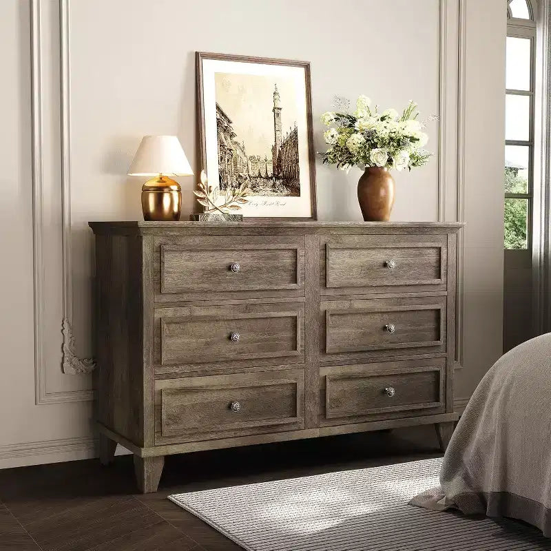 6 Drawer Dresser for Bedroom,Large Wooden Storage Chest of Drawers with Metal Handles,47 Wide Dresser TV Stand, Drawer Organizer for Living Room