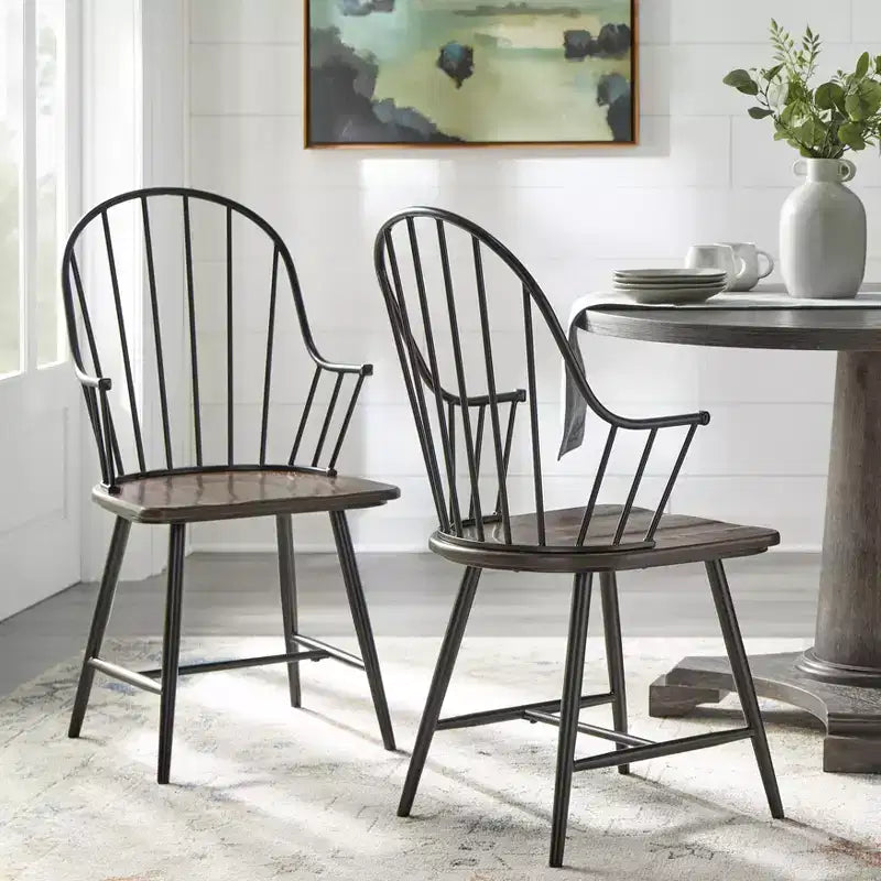 Buylateral Set of 2 Milo Farmhouse Metal Spindle Wood Seat Windsor Dining Chairs Black/Espresso: Modern Farmhouse Kitchen Chairs