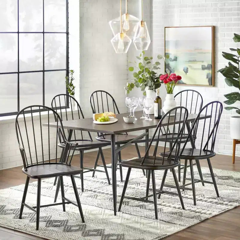 Buylateral Set of 2 Milo Farmhouse Metal Spindle Wood Seat Windsor Dining Chairs Black/Espresso: Modern Farmhouse Kitchen Chairs