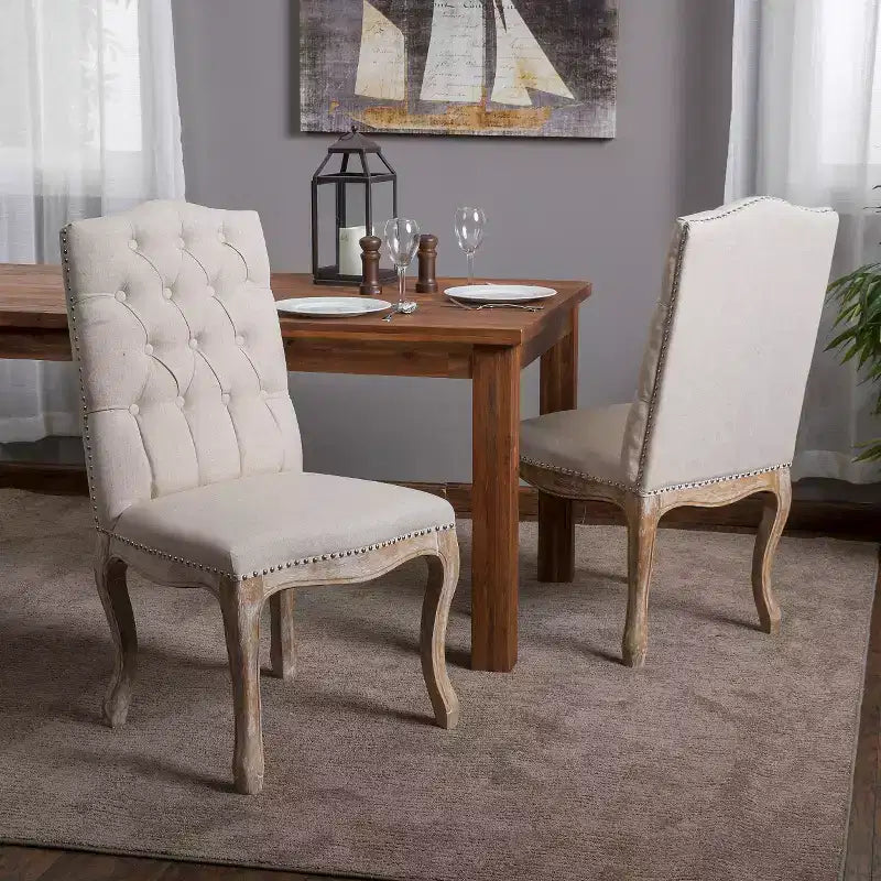 Set of 2 Weathered Tufted Fabric Dining Chair Beige - Christopher Knight Home: Upholstered, Hardwood Frame, No Assembly Required