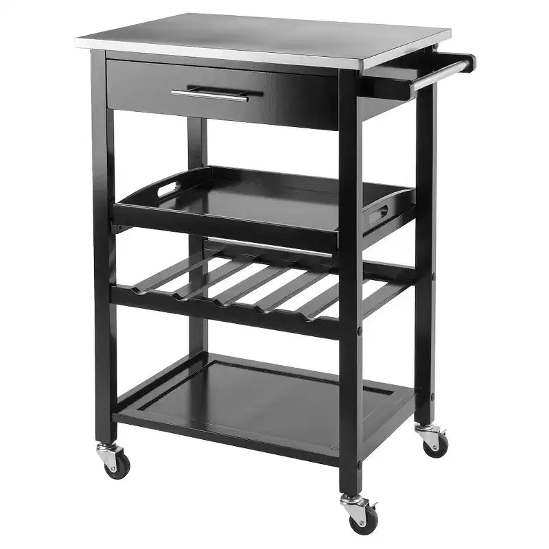 Anthony Stainless Steel Top Kitchen Cart Wood/Black - Winsome: Mobile Island, Wine Storage, Towel Rack