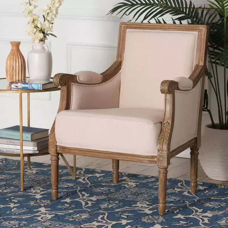 Chavanon Wood & Linen Traditional French Accent Chair Light Beige - Baxton Studio: No Assembly, Mindi Frame, Foam Cushion
