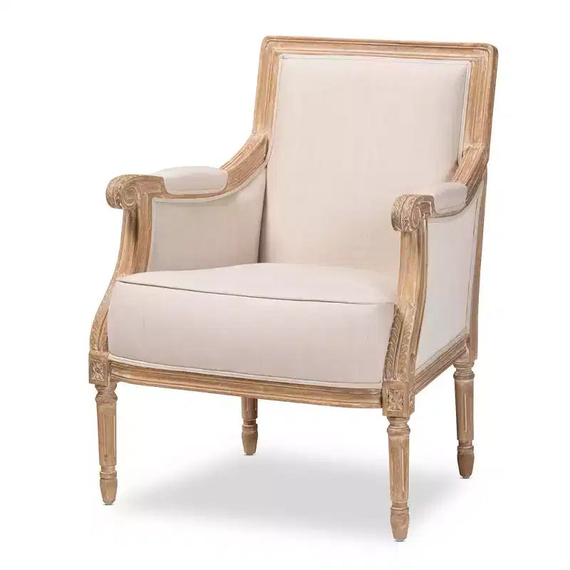 Chavanon Wood & Linen Traditional French Accent Chair Light Beige - Baxton Studio: No Assembly, Mindi Frame, Foam Cushion