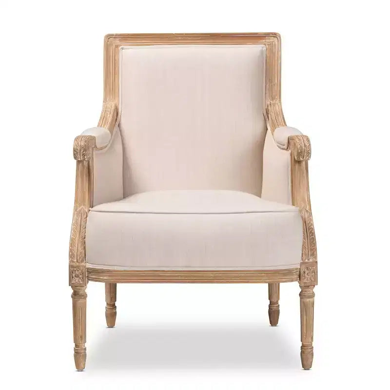 Chavanon Wood & Linen Traditional French Accent Chair Light Beige - Baxton Studio: No Assembly, Mindi Frame, Foam Cushion