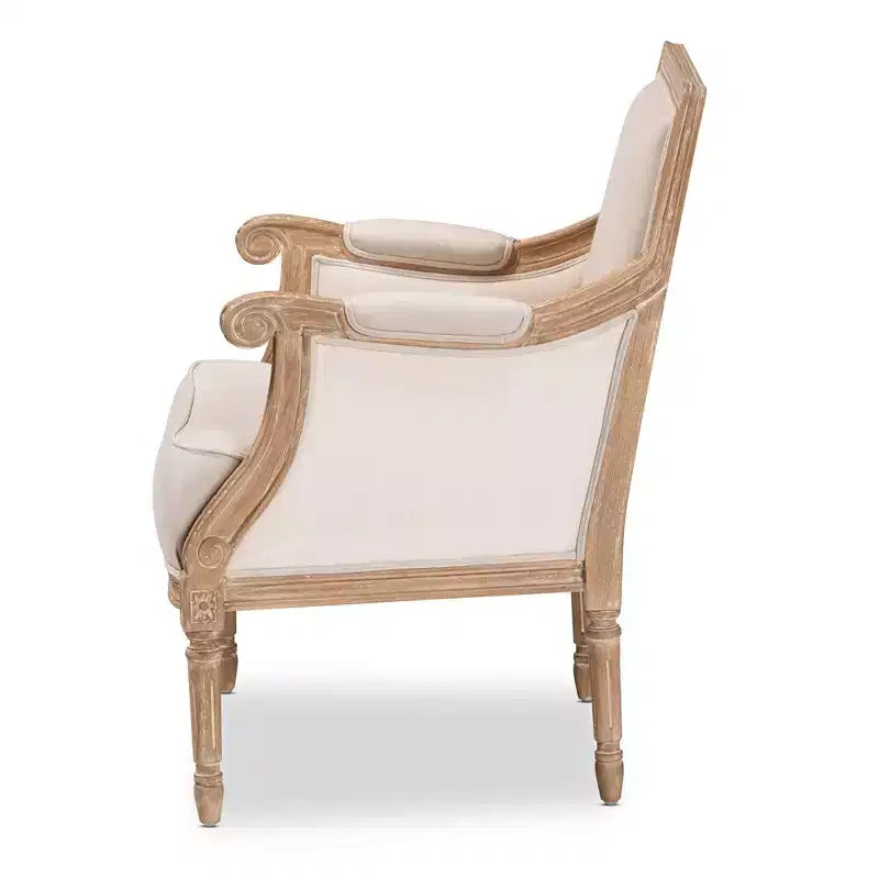Chavanon Wood & Linen Traditional French Accent Chair Light Beige - Baxton Studio: No Assembly, Mindi Frame, Foam Cushion