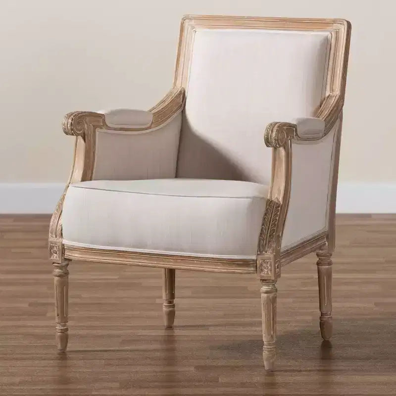 Chavanon Wood & Linen Traditional French Accent Chair Light Beige - Baxton Studio: No Assembly, Mindi Frame, Foam Cushion