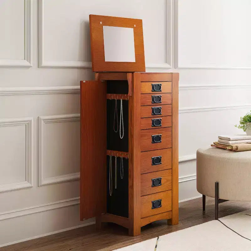 Delia Traditional Wood 8 Lined Drawer Jewelry Armoire Oak Finish - Powell