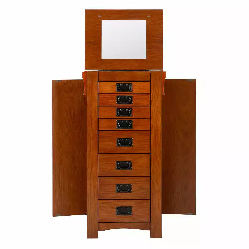 Delia Traditional Wood 8 Lined Drawer Jewelry Armoire Oak Finish - Powell