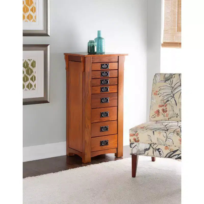 Delia Traditional Wood 8 Lined Drawer Jewelry Armoire Oak Finish - Powell