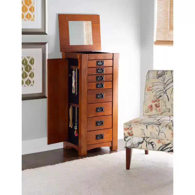 Delia Traditional Wood 8 Lined Drawer Jewelry Armoire Oak Finish - Powell