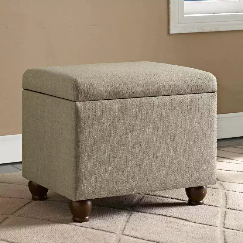 Storage Ottoman Tan - HomePop: Hinged Lid, Bedroom & Living Room Furniture, Rustic Wood Legs