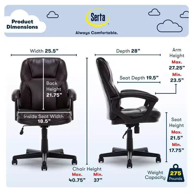 Serta Manager's Chair Roasted Chestnut Brown: Executive Style, Adjustable Height, Swivel, Faux Leather Upholstery