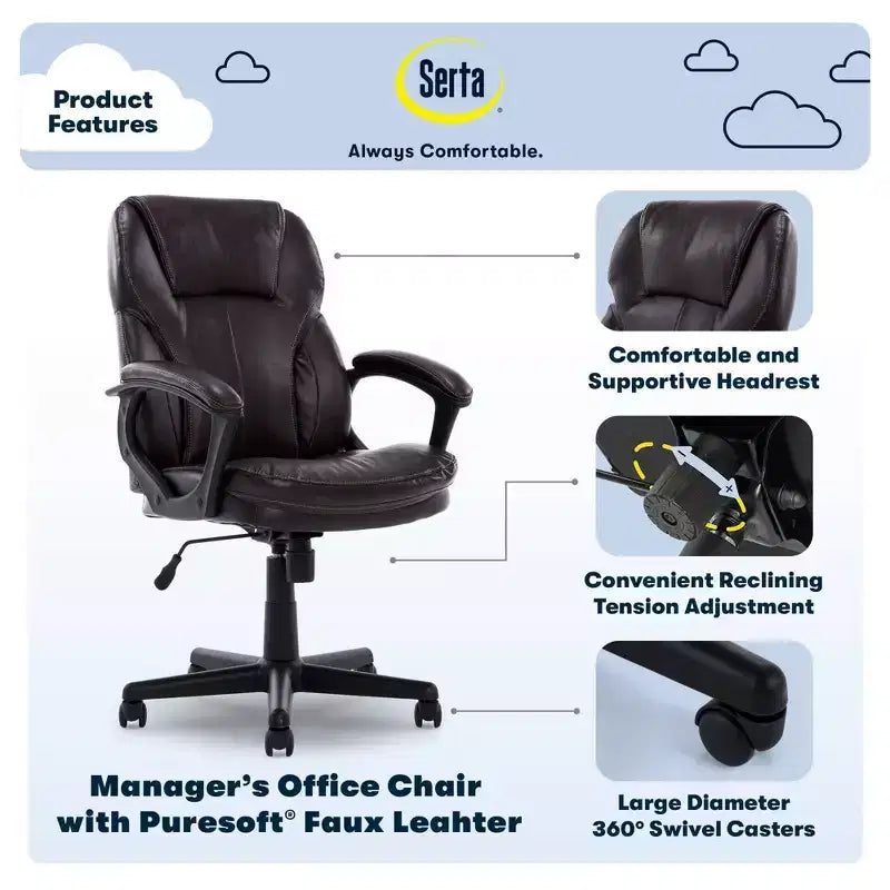 Serta Manager's Chair Roasted Chestnut Brown: Executive Style, Adjustable Height, Swivel, Faux Leather Upholstery
