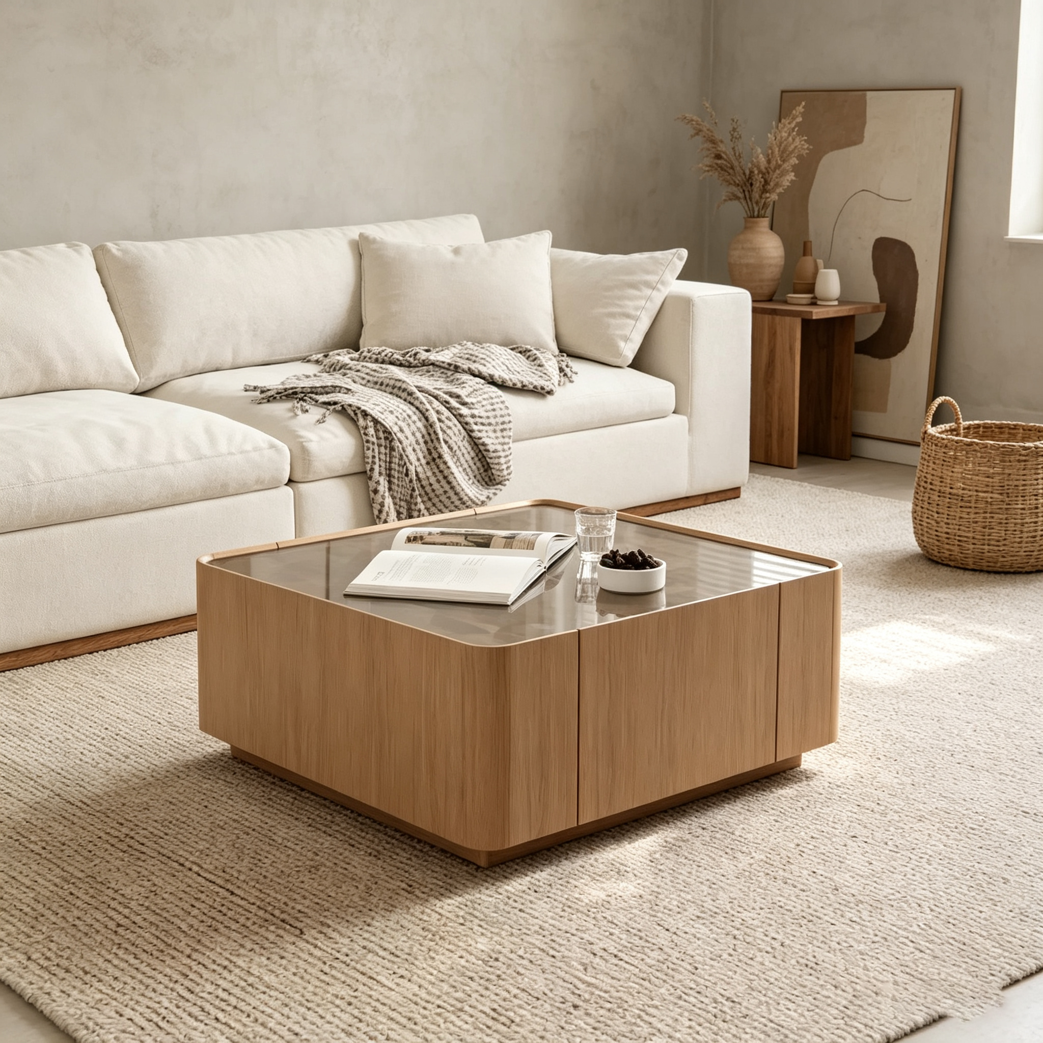 Table basse carrée moderne en bois avec plateau en verre et tiroirs de rangement – 80 cm